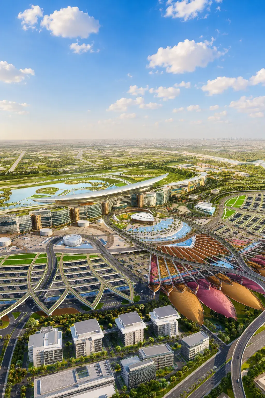 Aerial view of the Meydan district in Dubai